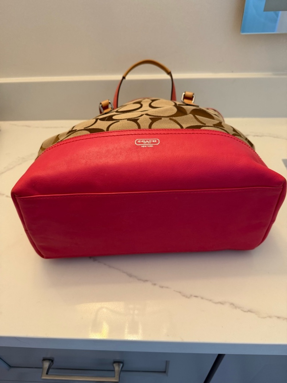 Coach Beige Signature Canvas Tote with Pink Trim and Tan Handles - Picture 2 of 11